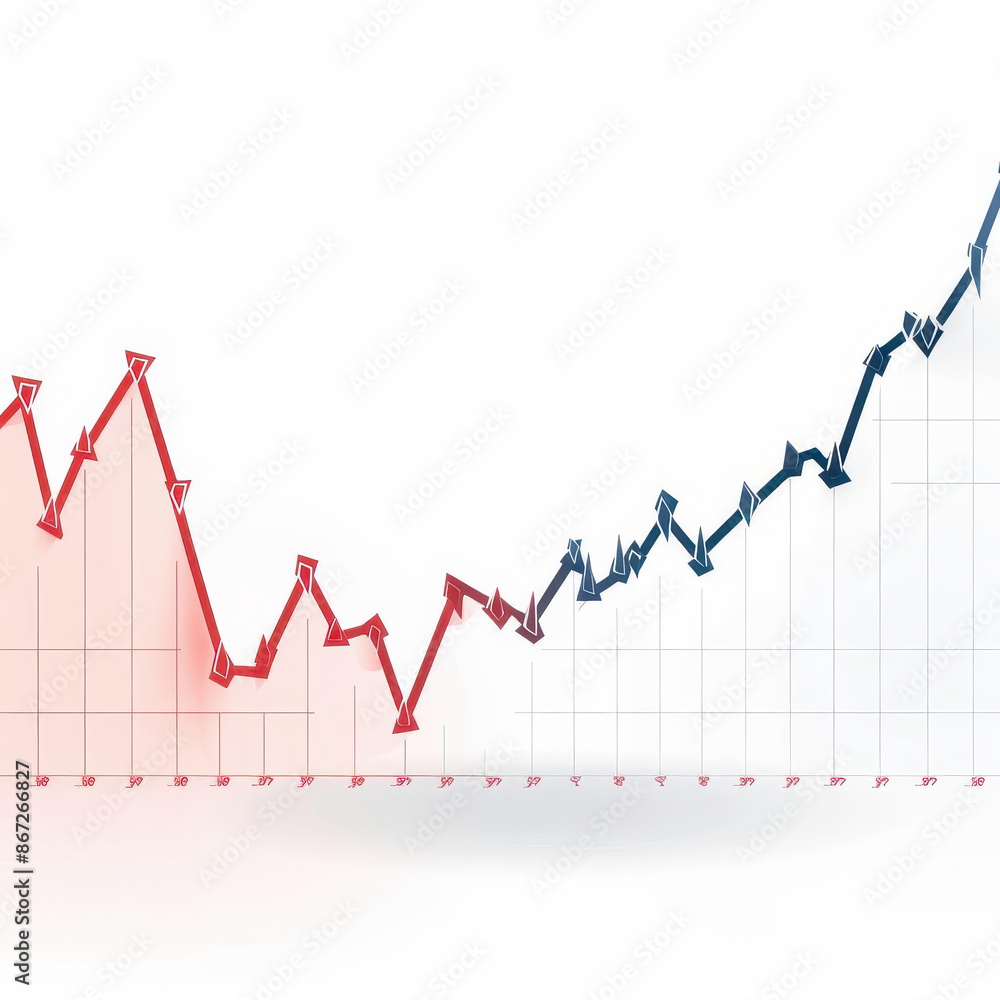 Dual-color financial graph showcasing rise and fall trends in red and blue on a white background. Business data concept. Dual-color financial graph showcasing rise and fall trends in red and blue on a white background. Business data concept.