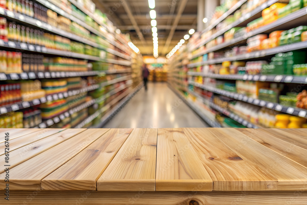 An empty wooden tabletop stands against the backdrop of a supermarket with shelves full of goods. An empty wooden tabletop stands against the backdrop of a supermarket with shelves full of goods.