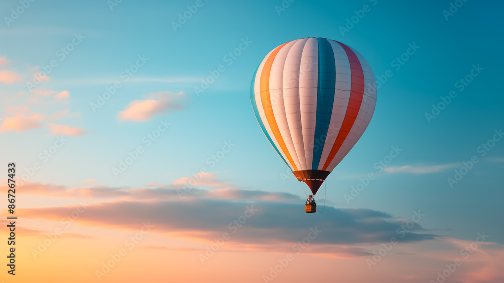 Fototapeta premium Colorful hot air balloon soaring over pastel sunset sky representing the adventure and freedom of travel 