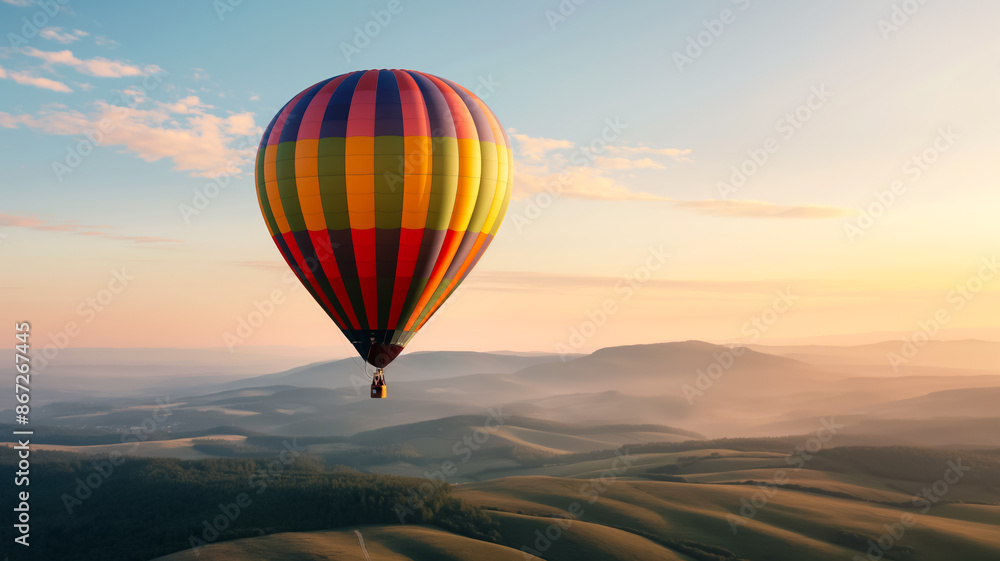 Obraz premium Colorful hot air balloon soaring over pastel sunset sky representing the adventure and freedom of travel 