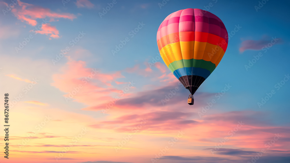 Fototapeta premium Colorful hot air balloon soaring over pastel sunset sky representing the adventure and freedom of travel