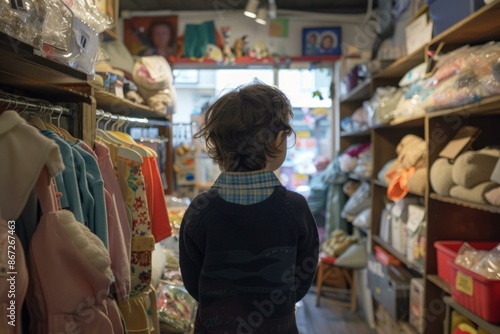 Child is standing in a clothing store, looking at the different clothes on display © ylivdesign