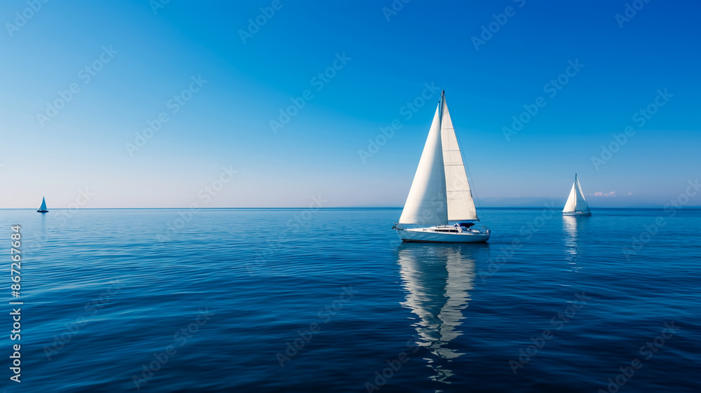 Fototapeta premium Crisp white sailboats gliding over deep blue ocean waters under a cloudless sunny sky, epitomizing perfect summer sailing 