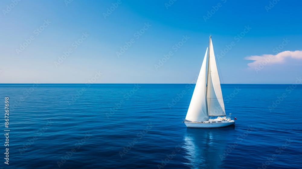 Obraz premium Crisp white sailboats gliding over deep blue ocean waters under a cloudless sunny sky, epitomizing perfect summer sailing 