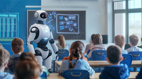 A robot stands next to a blackboard in front of students. Ideas about the benefits of A.I. while presenting software or technical information in lessons