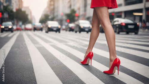 Side view of a long female legs with with red high heels crossing pedestrian crossing