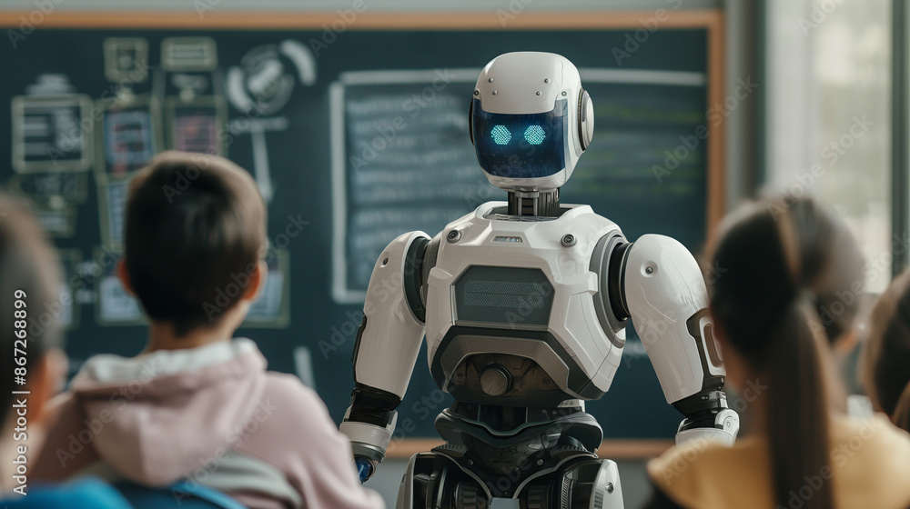 A robot stands next to a blackboard in front of students. Ideas about the benefits of A.I. while presenting software or technical information in lessons A robot stands next to a blackboard in front of students. Ideas about the benefits of A.I. while presenting software or technical information in lessons