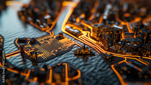 Intricate semiconductor map juxtaposed with a vibrant aerial view of Amsterdams canals at sunrise  photo