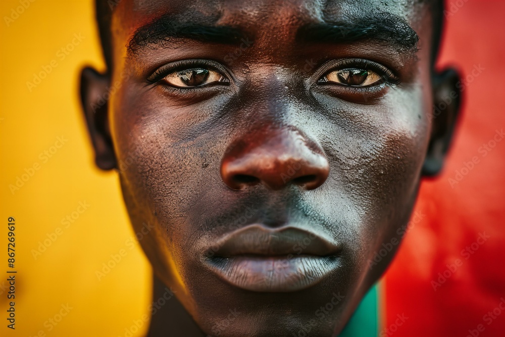 black person close up portrait on a red green and yellow background, black person close up portrait on a red green and yellow background,