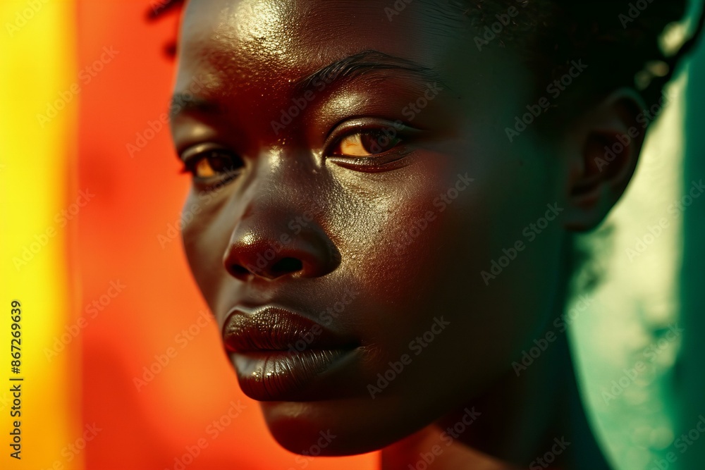 black person close up portrait on a red green and yellow background, black person close up portrait on a red green and yellow background,