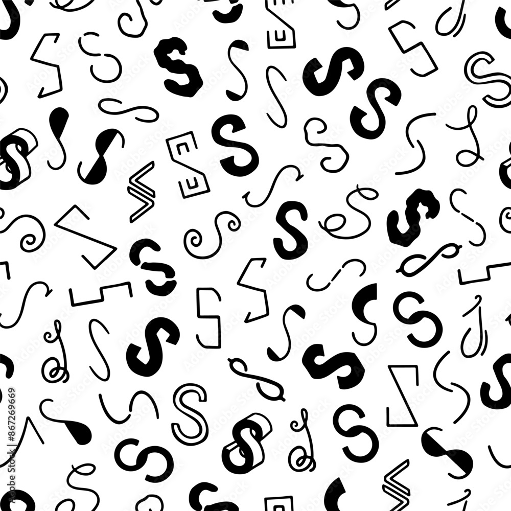 Black and white letter S seamless pattern, simple hand drawn letters. Black and white letter S seamless pattern, simple hand drawn letters.