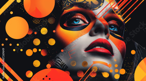 A geometric abstract pattern with contrasting colors and dynamic shapes morphs into a hyperrealistic portrait of a person with expressive eyes and vibrant makeup emphasizing the
