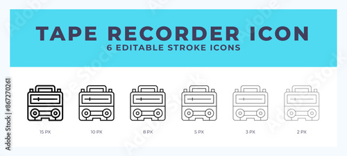 Tape recorder icon set with different stroke. Design elements for logo. Vector illustration.