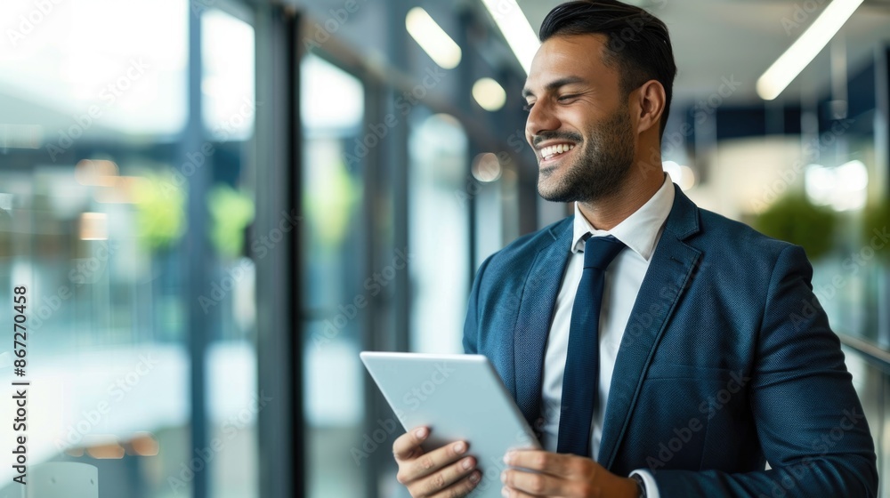 happy young latin business man executive holding tablet at the office happy young latin business man executive holding tablet at the office