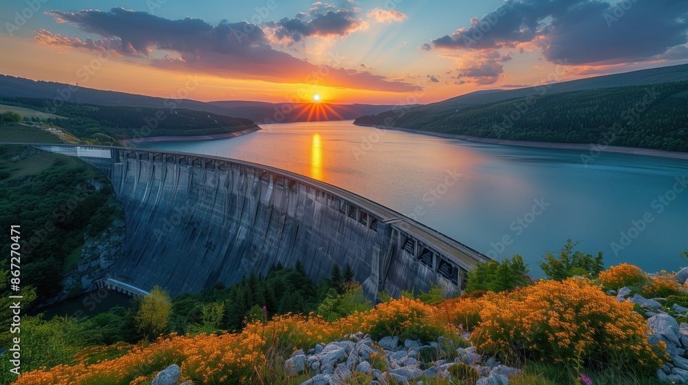 Fototapeta premium Stunning hydroelectric dam and reservoir, framed by vibrant flowers in the foreground, as the sun sets behind the hills, creating a beautiful reflection on the water.