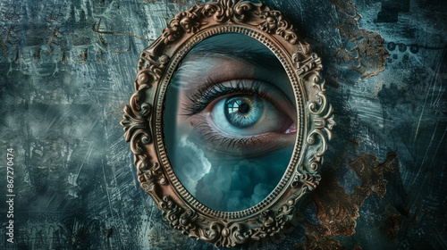 A photorealistic portrait of a persons eye framed by a vintage ornate mirror transforms into a stylized reflection of their fantastical dream world High Quality High Clarity