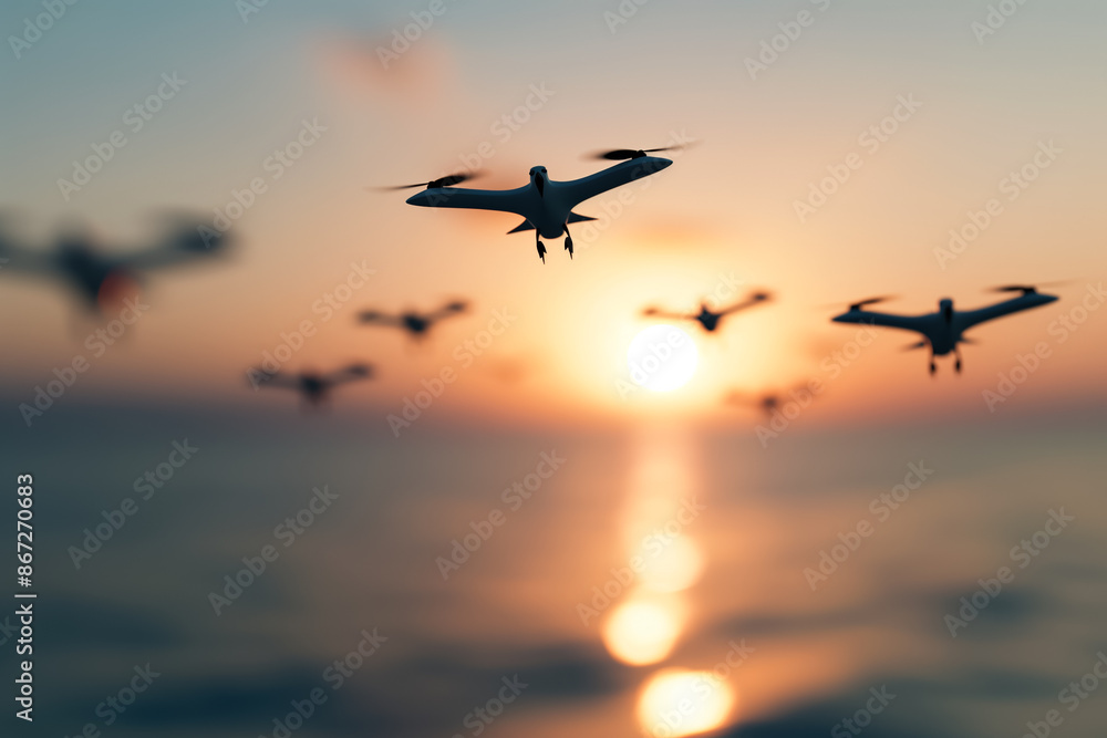 Robotic seagull drones patrolling coastline, isolated on a sunset gradient background Robotic seagull drones patrolling coastline, isolated on a sunset gradient background