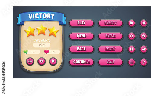 Vector pink theme premium game UI kit. Set of victory menu scene pop up, icons, and buttons with editable text effect. Game UI kit in cartoon style.