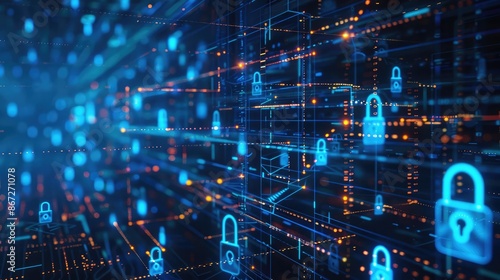 Cybersecurity concept with digital locks and data streams in the background.
