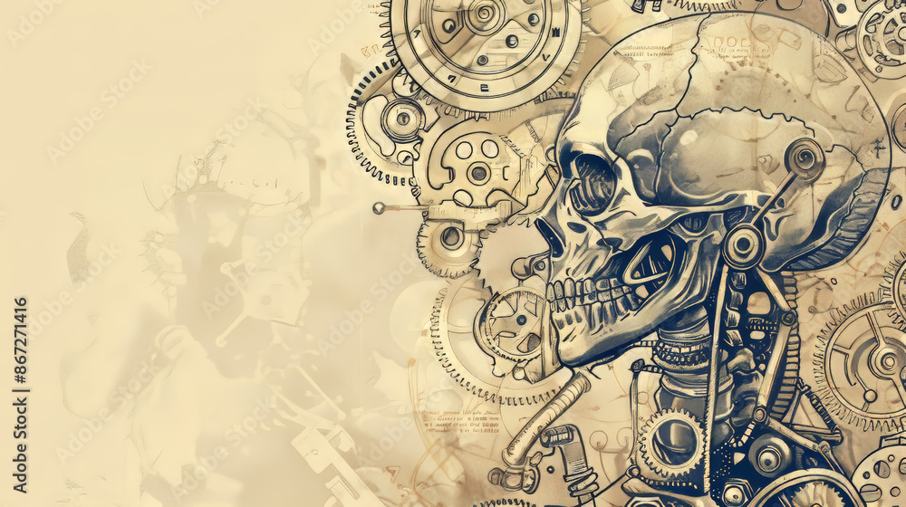 Naklejka premium A vintage anatomical illustration merges with a steampunkinspired machine gears and pistons intertwining with delicate handdrawn details High Quality High Clarity Space for