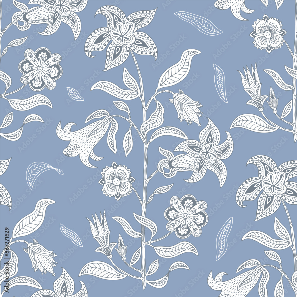 Intricately detailed white flowers and leaves seamless pattern on a muted blue background. Intricately detailed white flowers and leaves seamless pattern on a muted blue background.