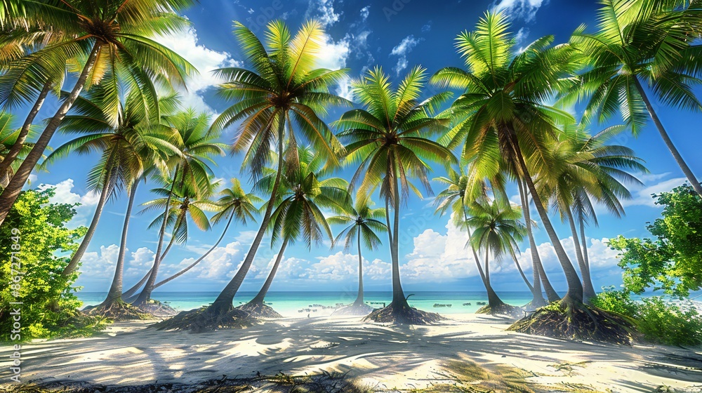 Obraz premium the awe-inspiring sight of coconut palms reaching towards the heavens, their slender trunks rising from the sandy shores like sentinels guarding the coastline..