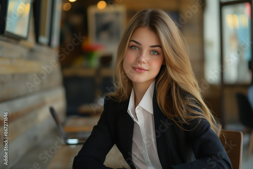 Beautiful girl in a business suit and white shirt sitting at a table with a computer, natural image © Hatai