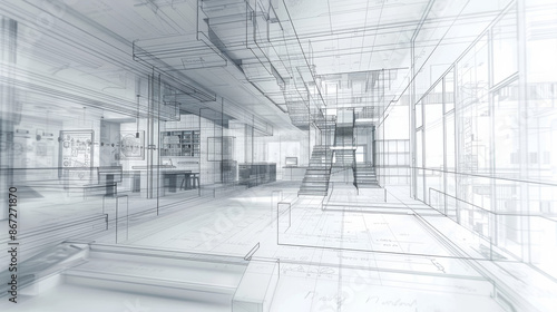 Architectural Blueprint Come to Life Illustrate an architectural blueprint where D sketches of a buildings interior gradually morph into a full D model Incorporate elements of