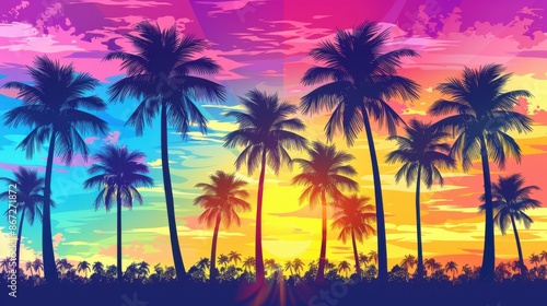 Vivid Sunset over Tropical Paradise with Palm Trees Silhouette. Colorful Tropical Sunset Background
