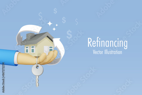 Mortgage refinance concept. Businessman hand holding house with refinancing arrow. Home loan, banking and financial service. 3D vector.