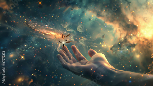Concept Art A weathered hand gently releasing a dandelion seed into the wind transforms into a stylized landscape where the seeds become swirling stars in a vast nebulafilled sk photo