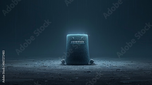 Cube-shaped creature emerges from murky ocean floor. Glowing teeth illuminate dark surroundings. Tiny stubby legs contrast with imposing form. Eerie blue light bathes scene in otherworldly ambiance. 