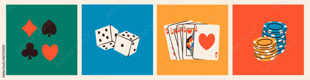 Poker night set. Playing cards, casino chips, token, dice, card suits. Hand drawn Vector illustration. Tournament, casino, poker, gambling, game, fun concept. Isolated design elements Poker night set. Playing cards, casino chips, token, dice, card suits. Hand drawn Vector illustration. Tournament, casino, poker, gambling, game, fun concept. Isolated design elements