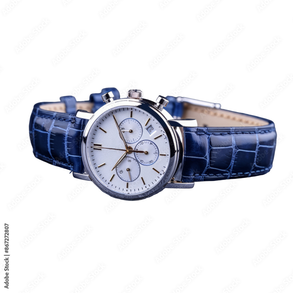 Elegant Silver Chronograph Wristwatch with Blue Leather Strap isolated on transparent background. Elegant Silver Chronograph Wristwatch with Blue Leather Strap isolated on transparent background.