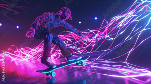 Neon Skater?s Trail A skater performing tricks in a D skate park with D neon trails following each movement emphasizing the flow and agility of the skater The skater?s legs a