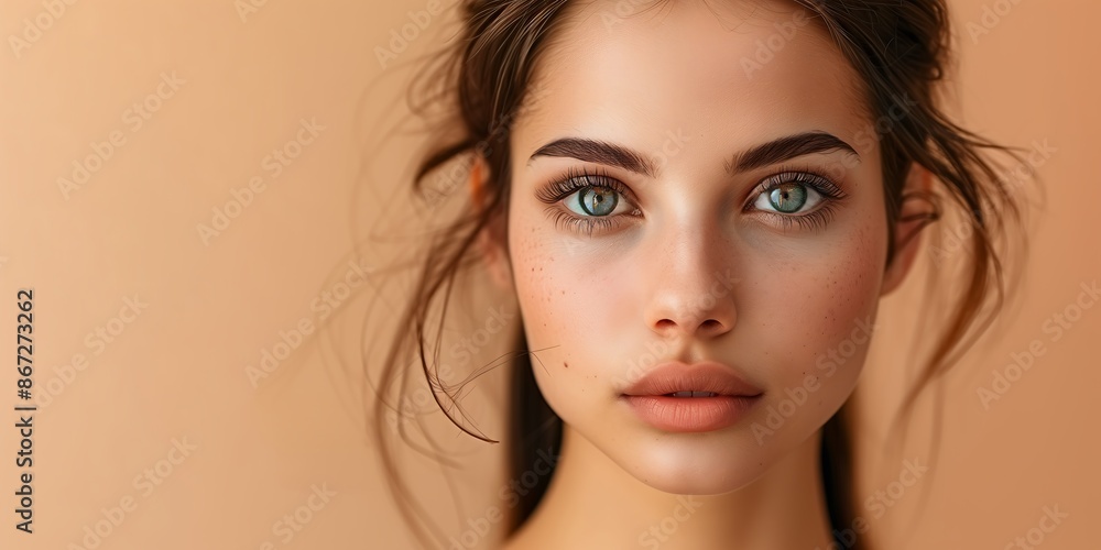 Beautiful young woman with clean fresh skin on beige background Beautiful young woman with clean fresh skin on beige background