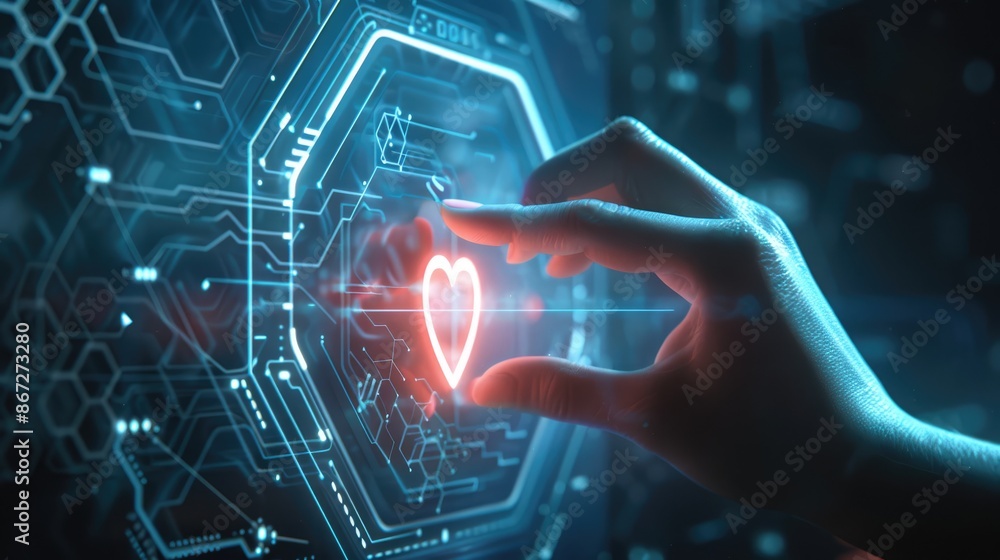 Obraz premium Digital Heart Interface: A Hand Interacting with a Heart Icon