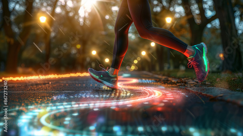 Virtual Runner?s Path Legs of a runner in a D park setting with D digital paths that light up and change color based on speed and movement creating an interactive running exper