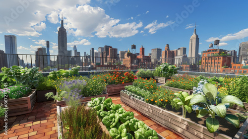 Virtual Urban Garden A D rooftop garden set against a bustling cityscape with D pixel art vegetables and flowers growing vibrantly Integrate augmented reality elements that sh photo