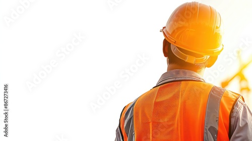 An engineer in a safety helmet and highvisibility vest, construction setting, modern worker, detailed depiction, isolated white background, copy space