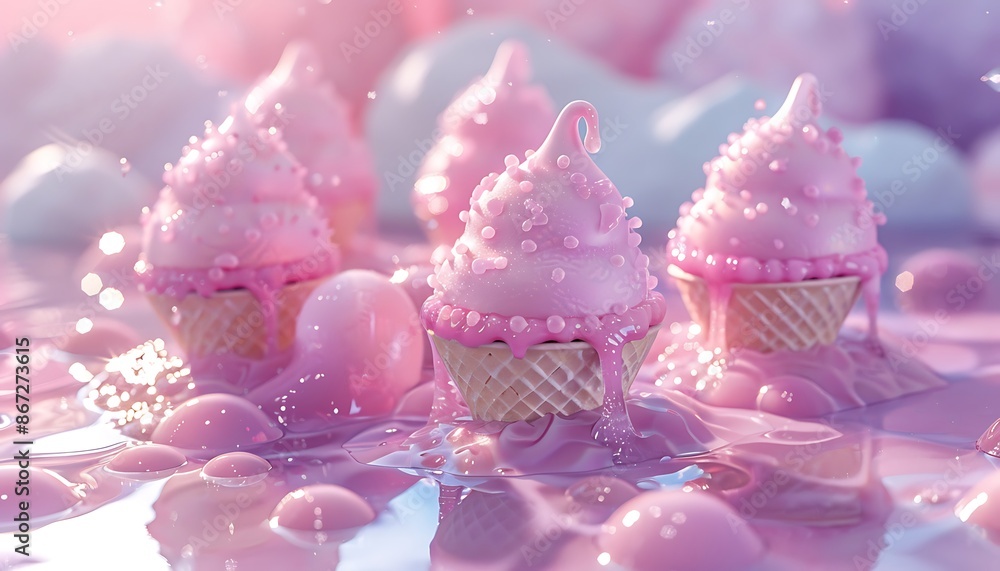 Ice cream in waffle cones with sprinkles on a blue background Ice cream in waffle cones with sprinkles on a blue background