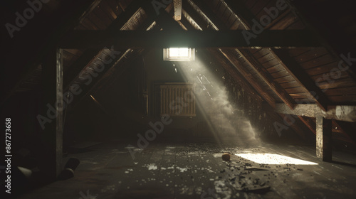 A dark vintage photograph of a forgotten attic illuminated by a single beam of dusty sunlight transforms into a hyperrealistic isometric diorama with exaggerated shadows and te