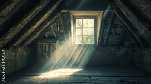A dark vintage photograph of a forgotten attic illuminated by a single beam of dusty sunlight transforms into a hyperrealistic isometric diorama with exaggerated shadows and te