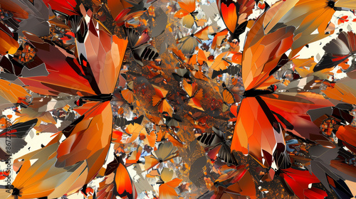 A geometric abstract pattern morphs into a macro photorealistic swarm of butterflies their delicate wings and vibrant colors emerging from the bold shapes High Quality High Cl