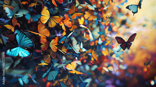 A geometric abstract pattern morphs into a macro photorealistic swarm of butterflies their delicate wings and vibrant colors emerging from the bold shapes High Quality High Cl