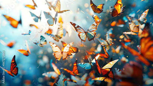 A geometric abstract pattern morphs into a macro photorealistic swarm of butterflies their delicate wings and vibrant colors emerging from the bold shapes High Quality High Cl