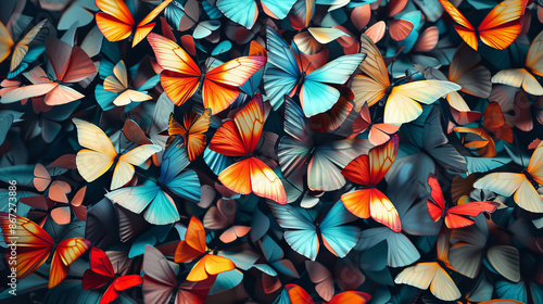 A geometric abstract pattern morphs into a photorealistic swarm of butterflies their delicate wings and vibrant colors emerging from the bold shapes High Quality High Clarity