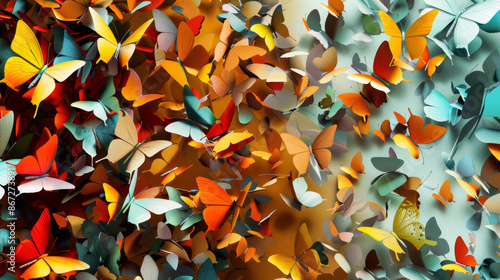 A geometric abstract pattern morphs into a macro photorealistic swarm of butterflies their delicate wings and vibrant colors emerging from the bold shapes High Quality High Cl