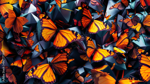 A geometric abstract pattern morphs into a photorealistic swarm of butterflies their delicate wings and vibrant colors emerging from the bold shapes High Quality High Clarity