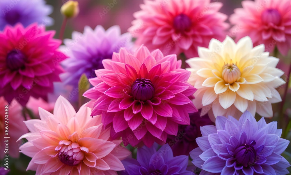 Close-up of vibrant pink and purple dahlia flowers with soft, blurred background Close-up of vibrant pink and purple dahlia flowers with soft, blurred background